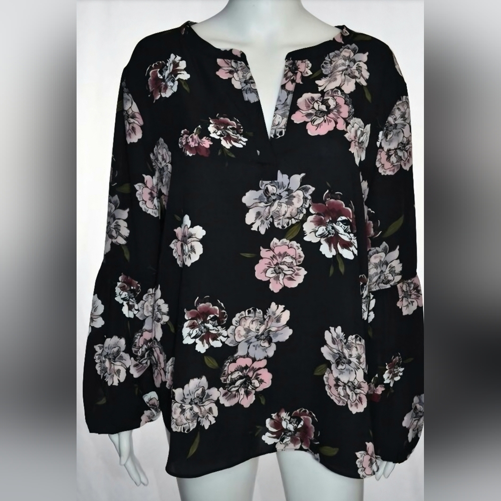 Loft Outlet Floral Long Sleeve Knit Blouse Black/Pink Size L